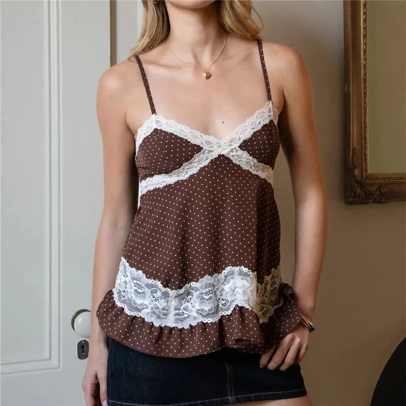 Polka Dot Lace Trim Camisole For Women V Neck Spaghetti Strap Ruffle Hem Sleeveless Top Retro Coquette Aesthetic Blouse