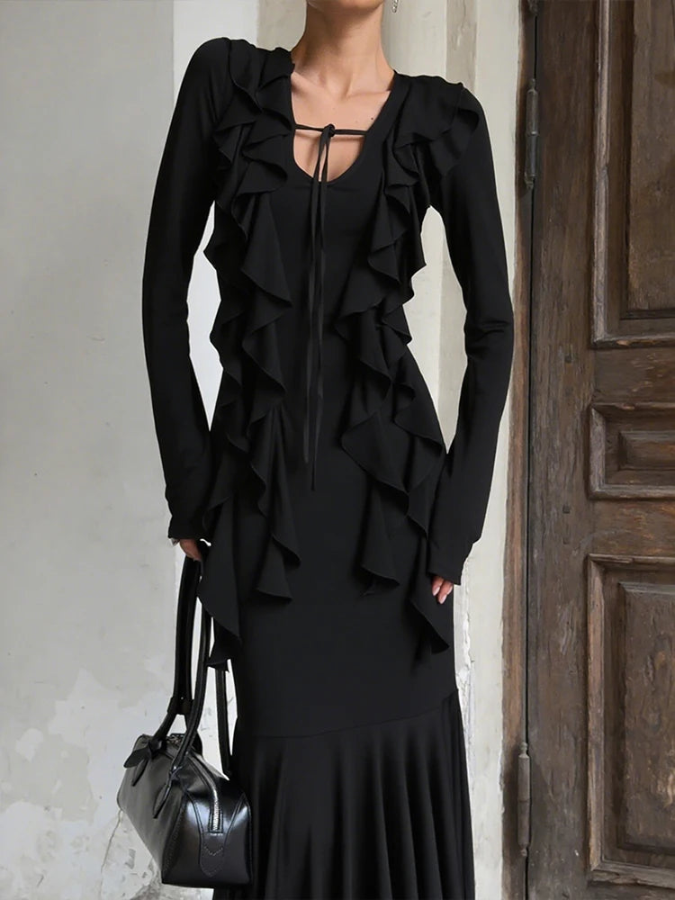 Sexy Ruffled Fringe Dress Women Lace-Up Ruched Patchwork U-Neck Full Sleeve Elegant Stretch Skinny Evening Bodycon