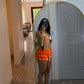 Knit 2-Piece Set Women Halter Bandage Flower Decoration Bra+Ruffles Tassel Short Fashion Summer Midnight Sexy Suit