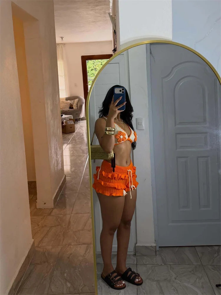 Knit 2-Piece Set Women Halter Bandage Flower Decoration Bra+Ruffles Tassel Short Fashion Summer Midnight Sexy Suit