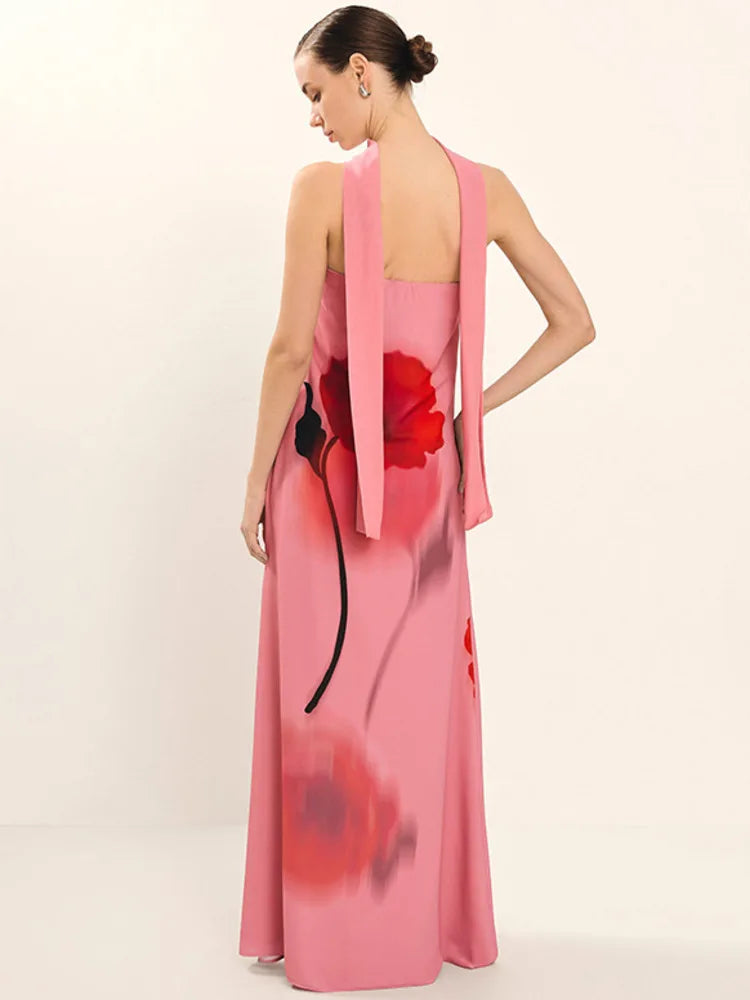 Elegant Print Sexy Maxi Dress Women Gown Fashion Scarf Collar Off-shoulder Sleeveless Backless Club Party Long Dress