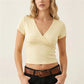 Solid Color Wrap V Neck Short Sleeve Crop T Shirt Women Stretchy Slim Waist Ruched Cropped Top Casual Summer Basic Tee