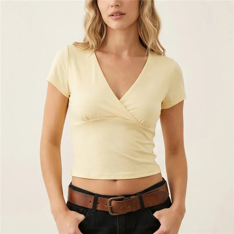 Solid Color Wrap V Neck Short Sleeve Crop T Shirt Women Stretchy Slim Waist Ruched Cropped Top Casual Summer Basic Tee