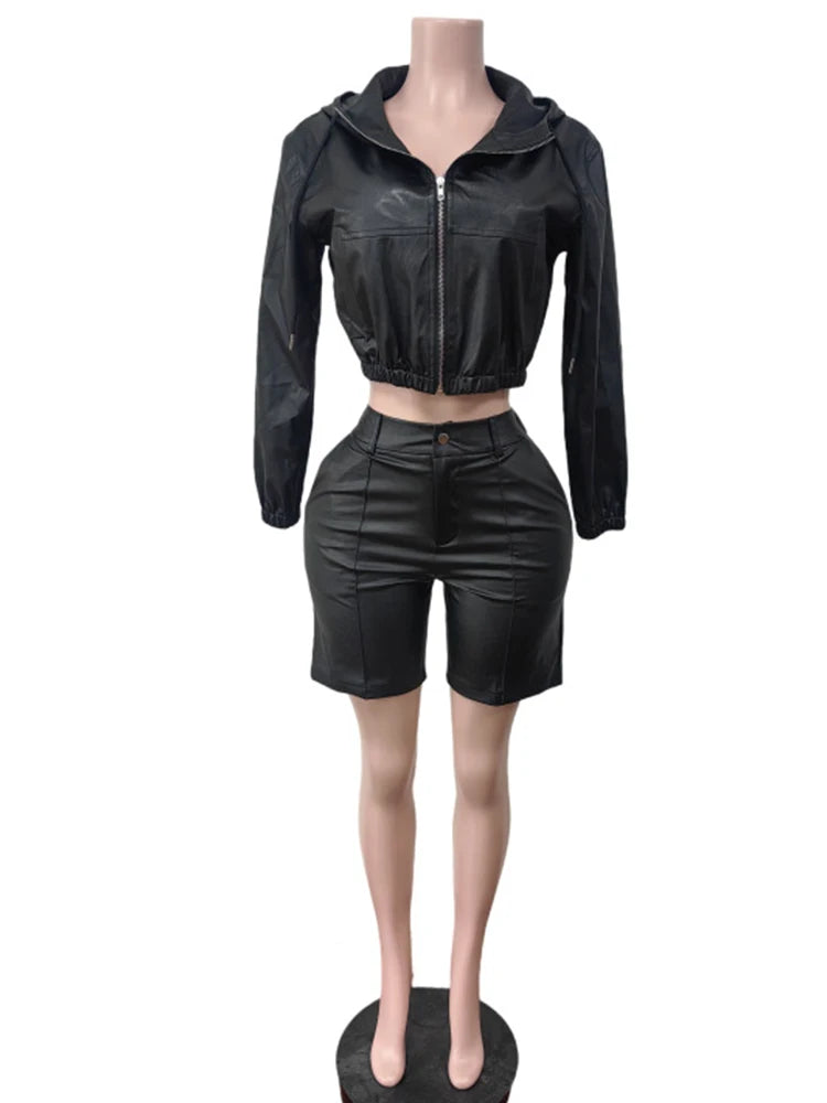 Simple Two-Piece Set Women Tracksuit Fall Zip Hooded Jacket+Shorts Matching Smooth Hipster Activity Streetwear Outfits