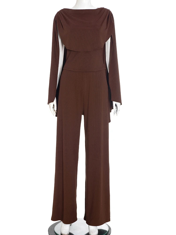 Casual Ribbon 2-Piece Set Women Cape Sleeve Skinny Top+Straight Trousers Matching Simple Elegant Stretch Slim Outfits