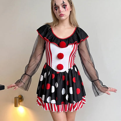 Clown Cosplay Dress Women Mesh Long Sleeve Ruffle Neck Stripe Polka Dot A Line Short Dress Party Club Costume