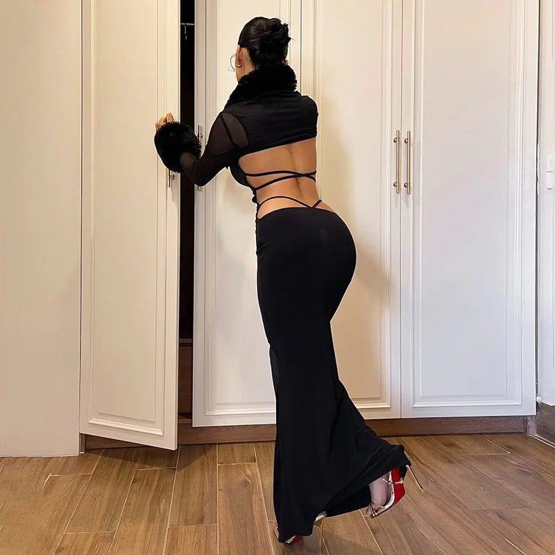 Black Backless Maxi Dress with Faux-fur Collar Long Sleeve Mesh Shrug 2 Piece Set Sexy Autumn Dresses 2026