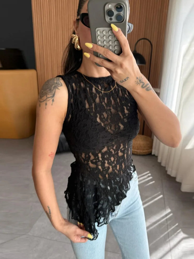 Summer Lace Sexy Tank Top Women Fashion O Neck See Through Sleeveless Tank Tops Vest Female Elegant Irregular Top Tees