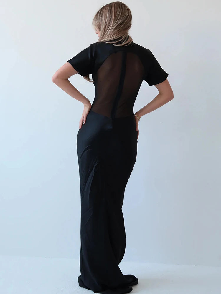 Turtleneck Short Sleeve Sexy Maxi Dress Women Gown Elegant Patchwork Mesh Sheer Backless Bodycon Club Party Long Dress