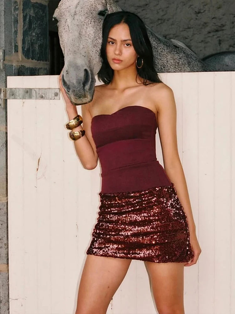 Christmas Sequins Zipper Dress Women Low-Neck Sleeveless Patchwork Peach Buttocks Sexy Midnight Hottie Party Bodycon