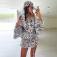 Striped Printed Chiffon Autumn Dresses 2026 Off Shoulder Lantern Sleeve Mini Dress with A Matching Headscarf