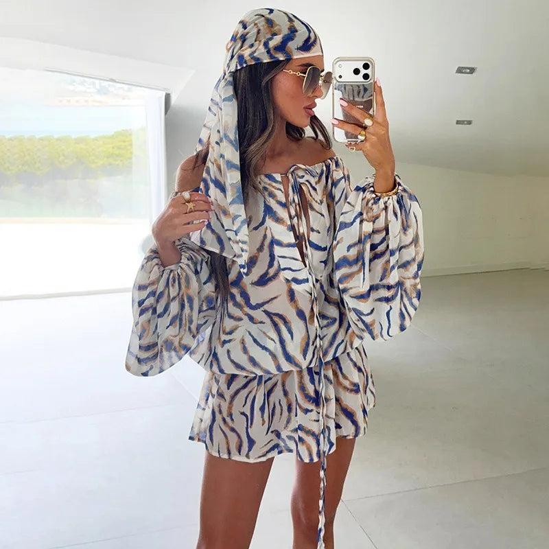 Striped Printed Chiffon Autumn Dresses 2026 Off Shoulder Lantern Sleeve Mini Dress with A Matching Headscarf