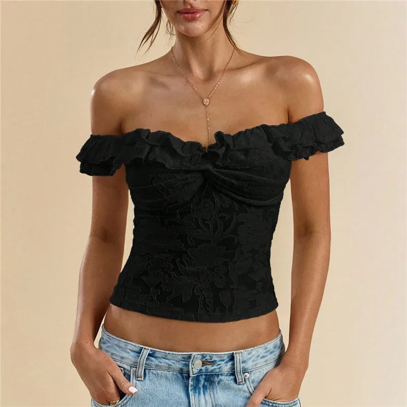 Women Off Shoulder Lace Crop Top Solid Ruffle Trim Floral Embroidery Twist Front Slim Fit Party Clubwear Short Blouse