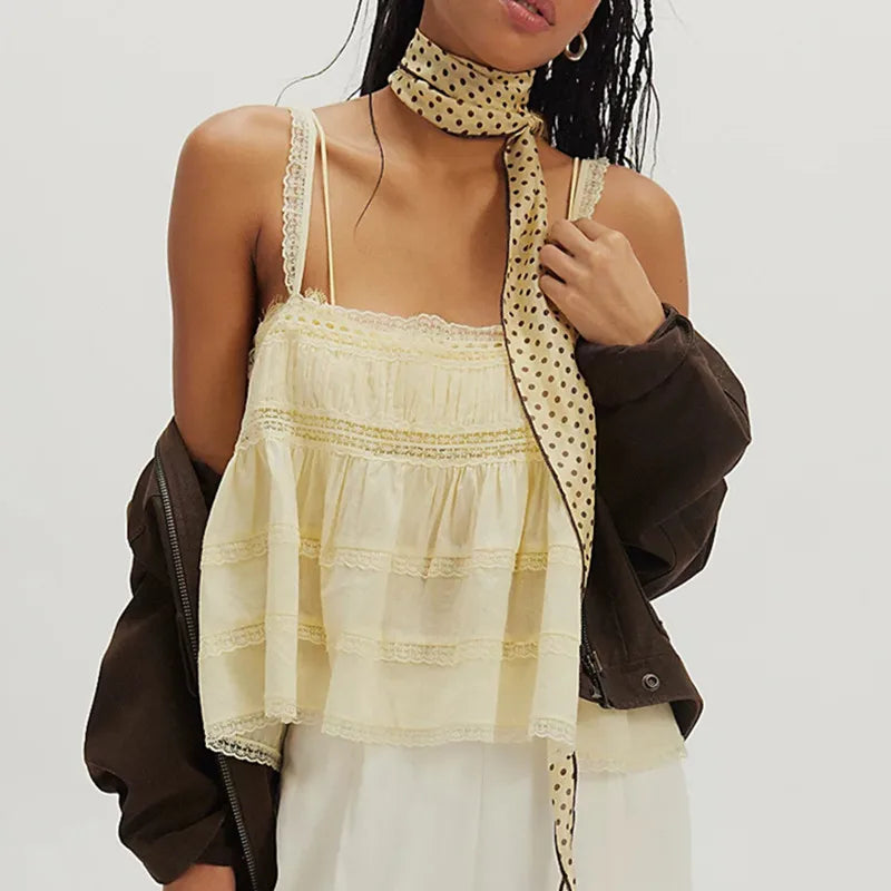 Coquette Lace Trim Tiered Ruffle Camisole Women Spaghetti Strap Babydoll Cami Top for Casual Streetwear Vacation