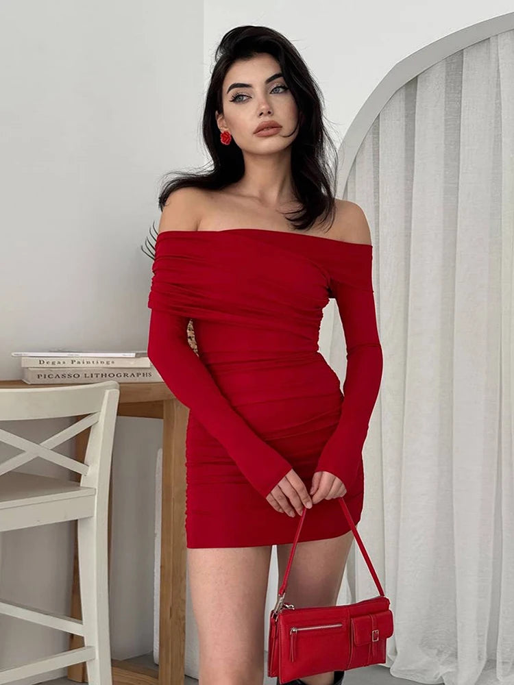 Fashion Classic Dress Women Christmas Slash Neck Full Sleeve Cross Ruched High Stretch Elegant Peach Hip Party Clubwear