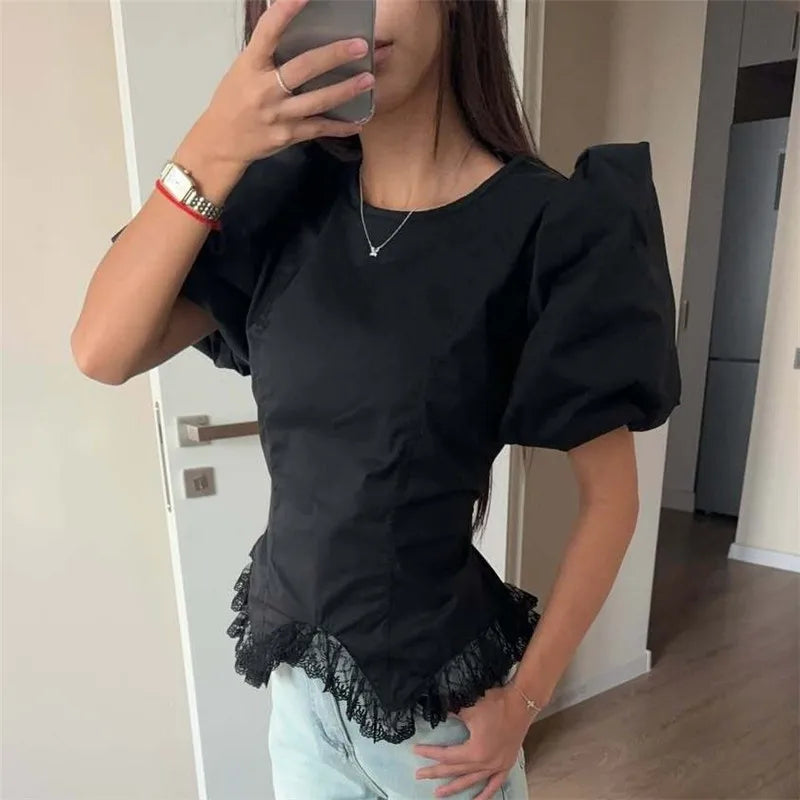 Y2K Cute Puff Bubble Short Sleeve Crop Top Women Back Drawstring Ruched Waist Irregular Lace Trim Hem Slim Fitted Blouse