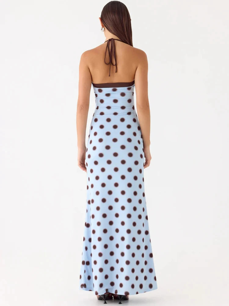 Polka Dot Backless Sexy Maxi Dress Women Elegant Halter Off-shoulder Sleeveless Bodycon Club Party Long Dress Female