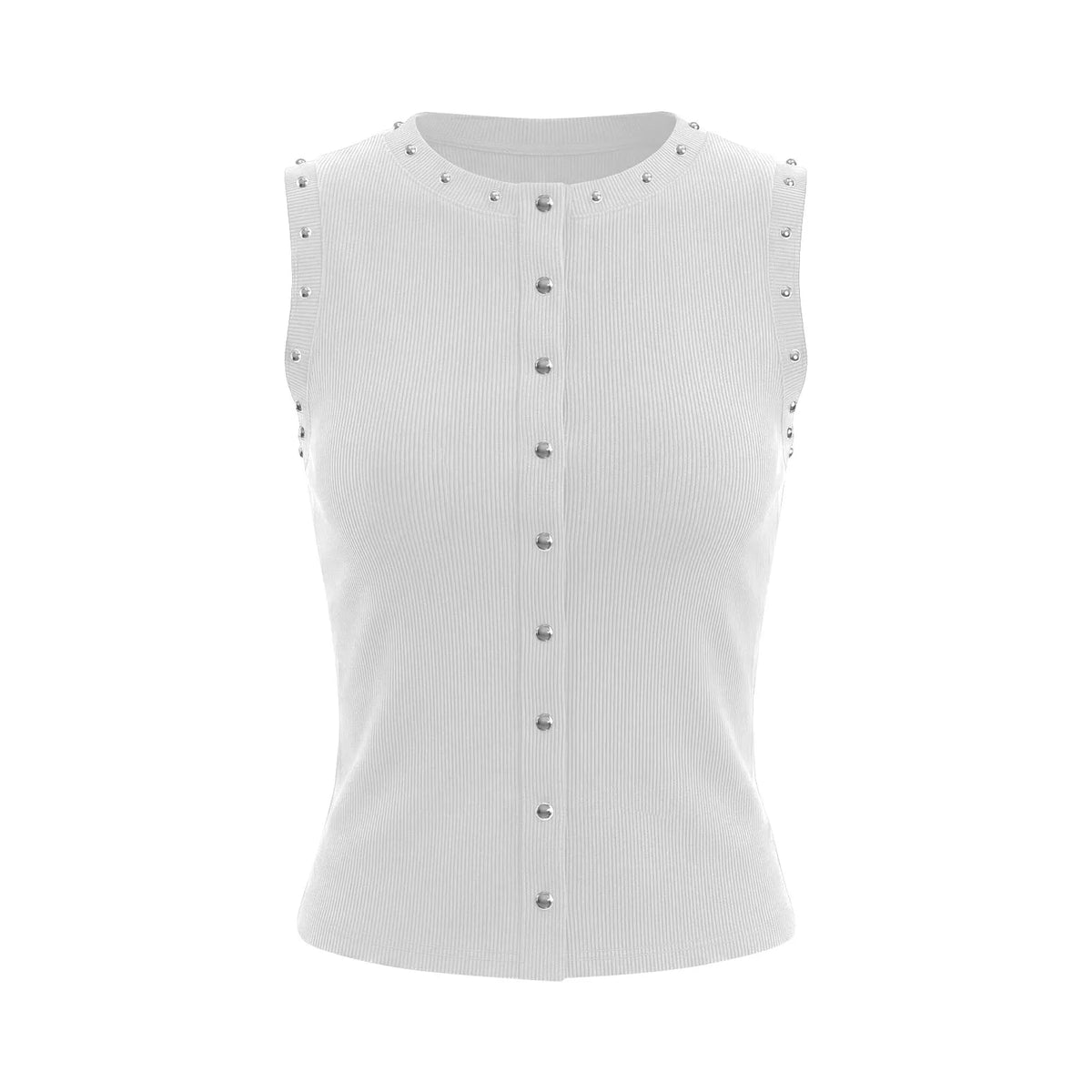 Women Cowgirl Style Studded Sleeveless Tank Top Ribbed Knit Button Front Slim Fit Vest for Summer Casual Streetwear