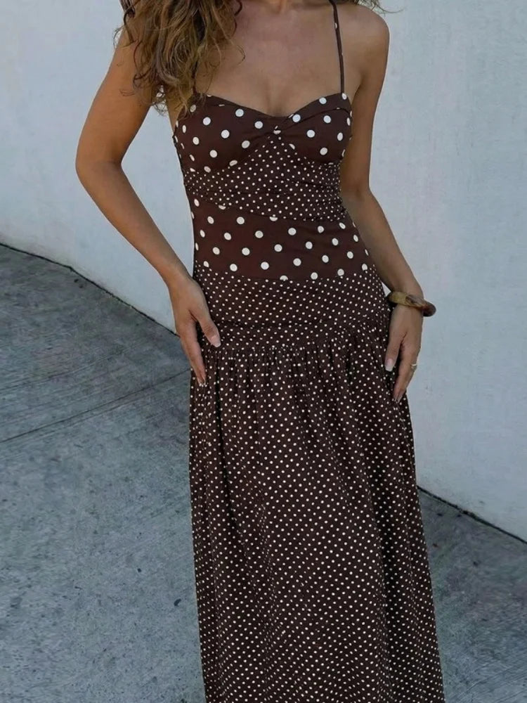 Polka Dot Print Halter Backless Pleated Long Dresses for Woman Summer White Dress Elegant Vacation Outfits