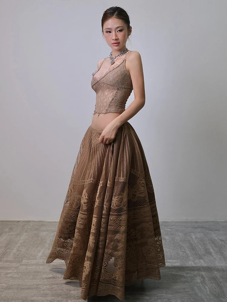 Jacquard Elegant 2-Piece Set Women Skinny Sexy Tank Tops+Drapes Long Skirts Banquet Vacation Matching Clubwear Suit