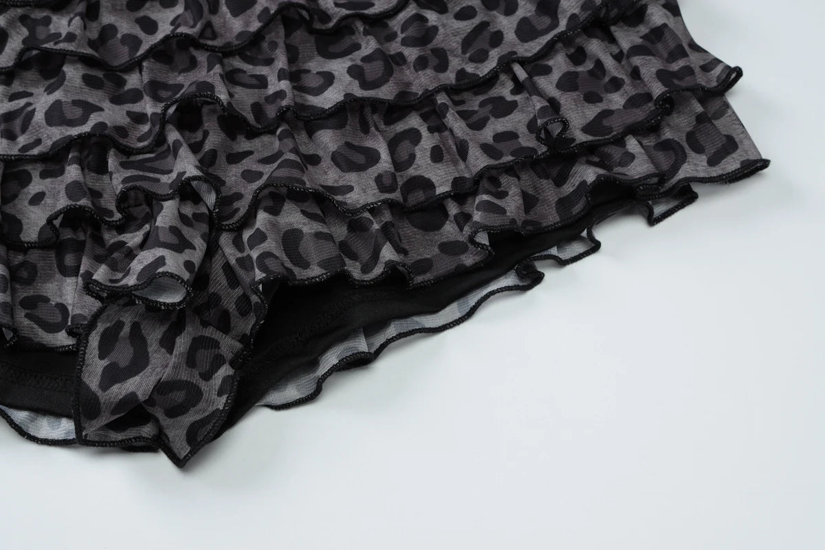 Leopard Print 2 Piece Set Women Sexy Mesh Patchwork Strapless Tops+Ruched Tierred Shorts  Hottie Street Hipster Suits