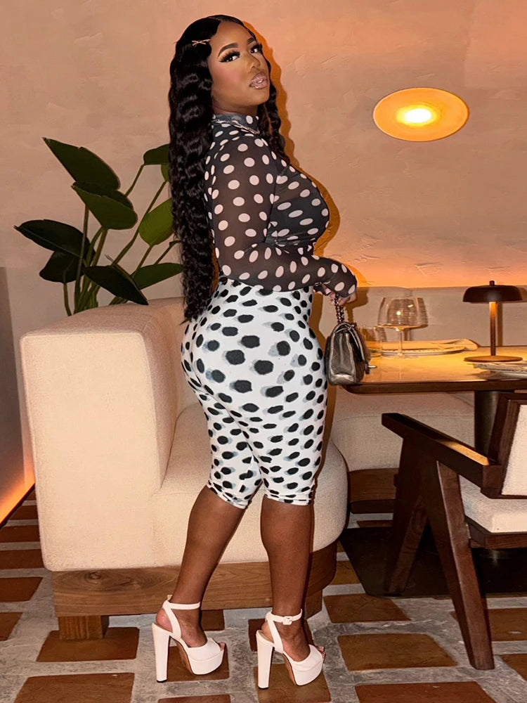 Polka Dot Print 2-Piece Set Women Turtleneck See Through Full Sleeve Crop Tops+Simple Color Blocking Short Streetwear