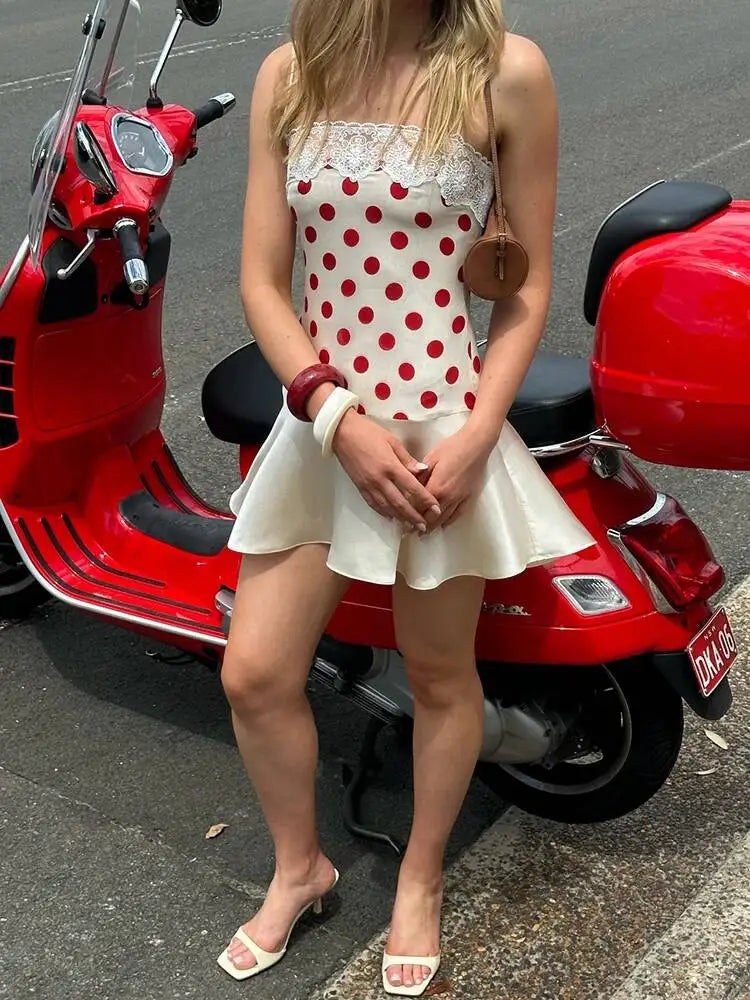 Red Polka Dot Sexy Mini Dress Women Summer Lace Satin Spaghetti Strap Sleeveless Backless Slim Fit Beach Club Dress