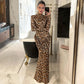 Sexy Leopard Evening Party Dresses Winter Clothes Woman Turtleneck Hollow Backless Long Sleeve Maxi Dress