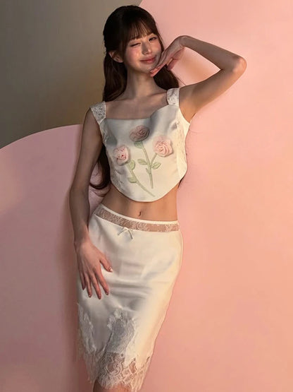 Sweet Patchwork 2-Piece Set Women Floral Print Irregular Hem Camisole+Lace Elastic Waist Skirt Summer Fashion Suit