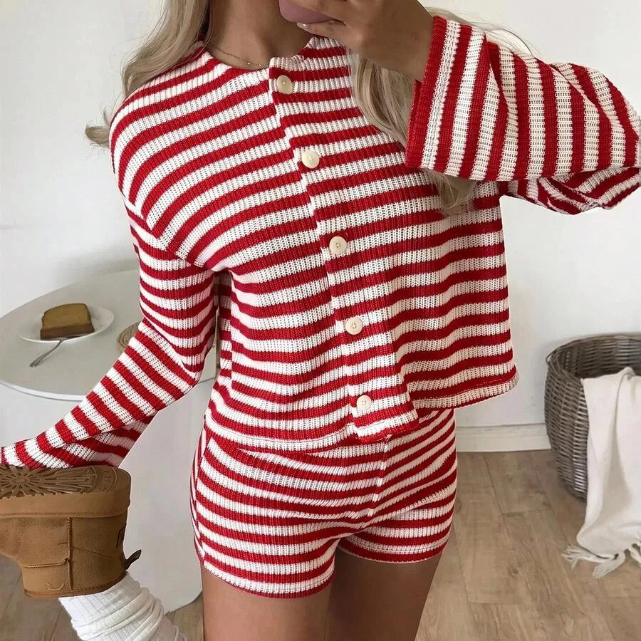 Womens Waffle Knit Striped 2 Piece Set Button Front Long Sleeve Cardigan And Shorts Casual Fall Spring Loungewear Outfit
