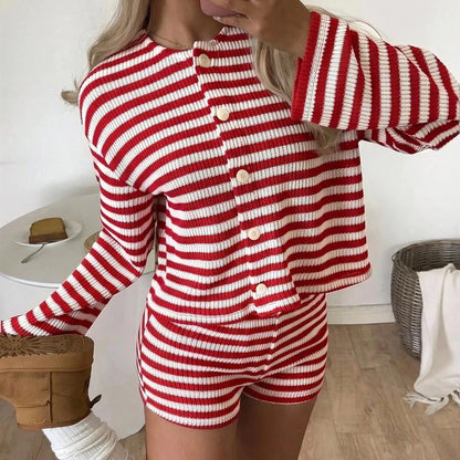 Womens Waffle Knit Striped 2 Piece Set Button Front Long Sleeve Cardigan And Shorts Casual Fall Spring Loungewear Outfit