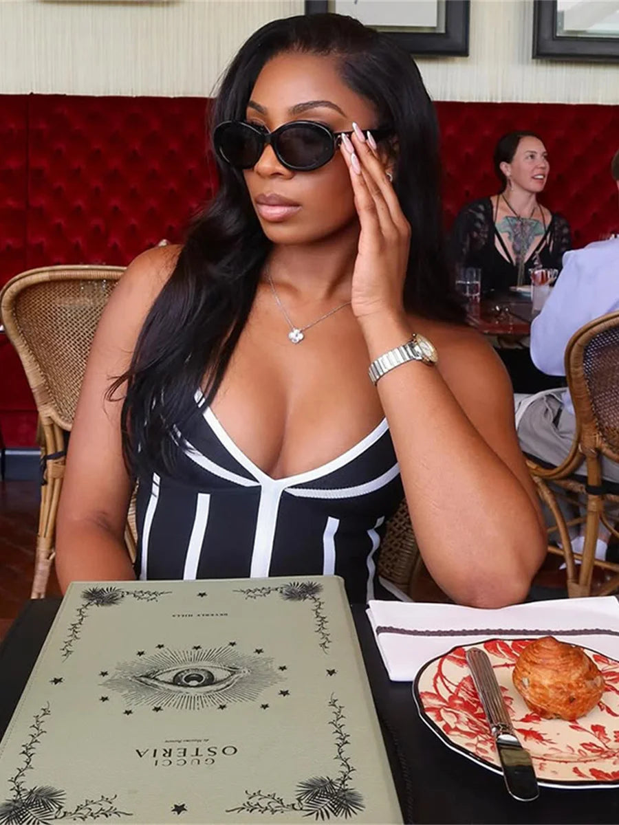 Contrast Halter Dress Women Summer Backless V-Neck Folds A-line Sleeveless Birthday Party Clubwear Stretch Bodycon