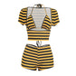 Street 3 Piece Women Striped Print Sexy Hottie Low-Neck Short Sleeve+Halter Bandages Tank Top+Bike Short Fashion Suit