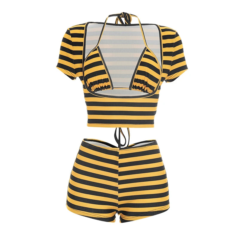 Street 3 Piece Women Striped Print Sexy Hottie Low-Neck Short Sleeve+Halter Bandages Tank Top+Bike Short Fashion Suit