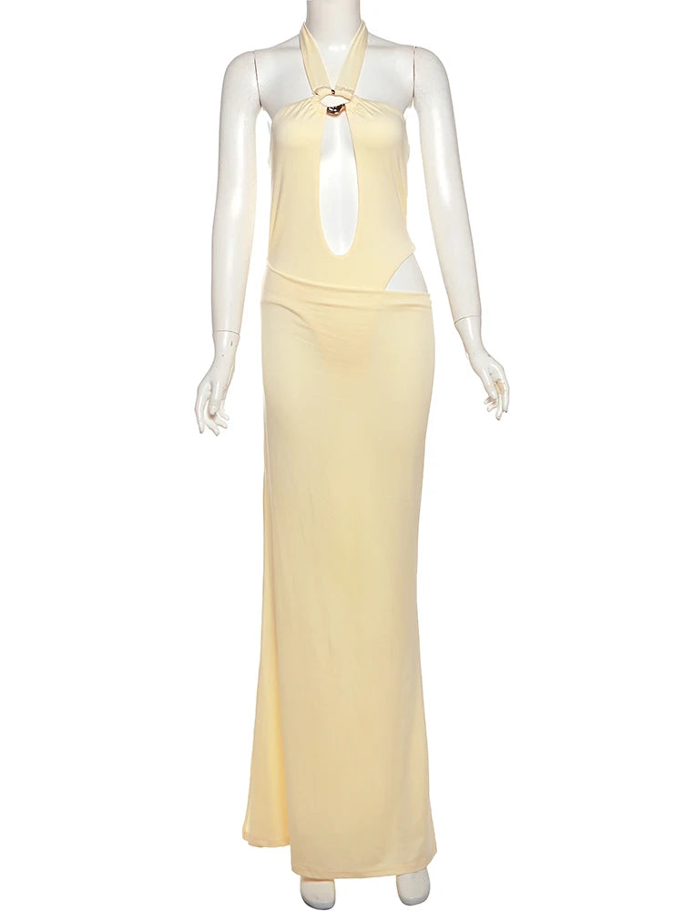 Sexy See Through 2 Piece Set Women Halter Metal Patchwork Hollow Bodysuits+Solid Long Skirts Beach Party Elegant Suit