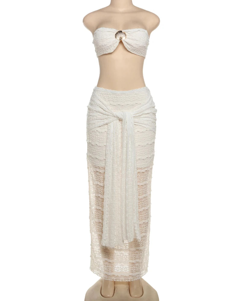 Elegant Women 2piece Set Sexy See Through Thin Tierred Y2K Seashell Tube Top+Wrapped Bandage Skirts Matching Clubwear