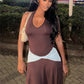 Elegant Backless Dress Women Fashion Ruched Color Blocking Halter Low-Neck Sleeveless Trend Chic Party Club Bodycon