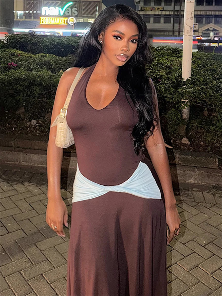 Elegant Backless Dress Women Fashion Ruched Color Blocking Halter Low-Neck Sleeveless Trend Chic Party Club Bodycon