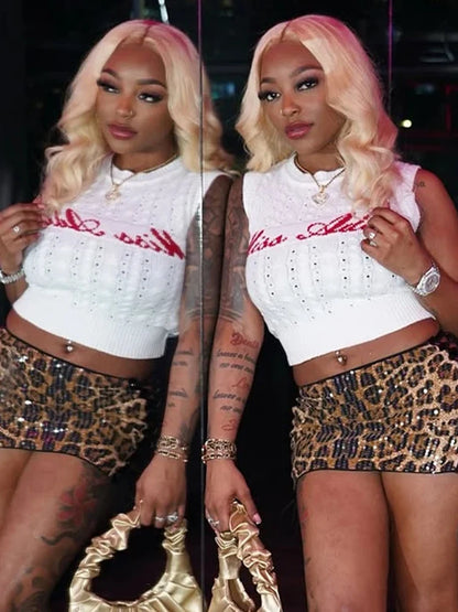 Knit Women Tank Tops Sweater Y2K Letter Print o-Neck Skinny Summer Trend Stretch Wild Basic Streetwear Simple Vest