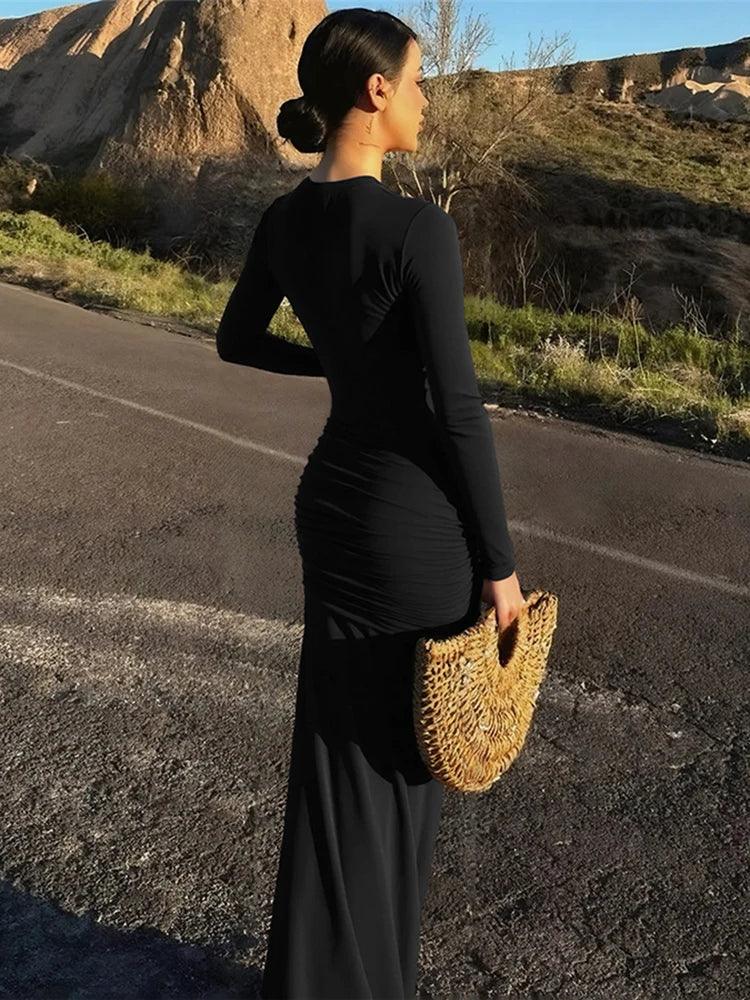 Christmas Hollow Maxi Dress Women o-Neck Folds Flare Sleeve Bandage Long Tassel Solid Skinny Elegant Banquet Vestidos