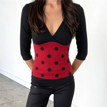 Women V Neck 3/4 Sleeve Crop Top Polka Dot Ladybug Print Color Block Slim Fit Halloween Cosplay Party Short Top