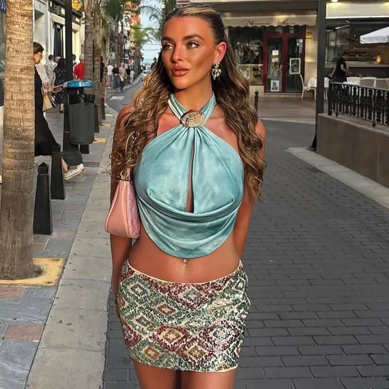 Plunge Neck Open Back Halter Top Summer Women Beach Resort Wear Sexy Backless Tops with A Seashell Pendant