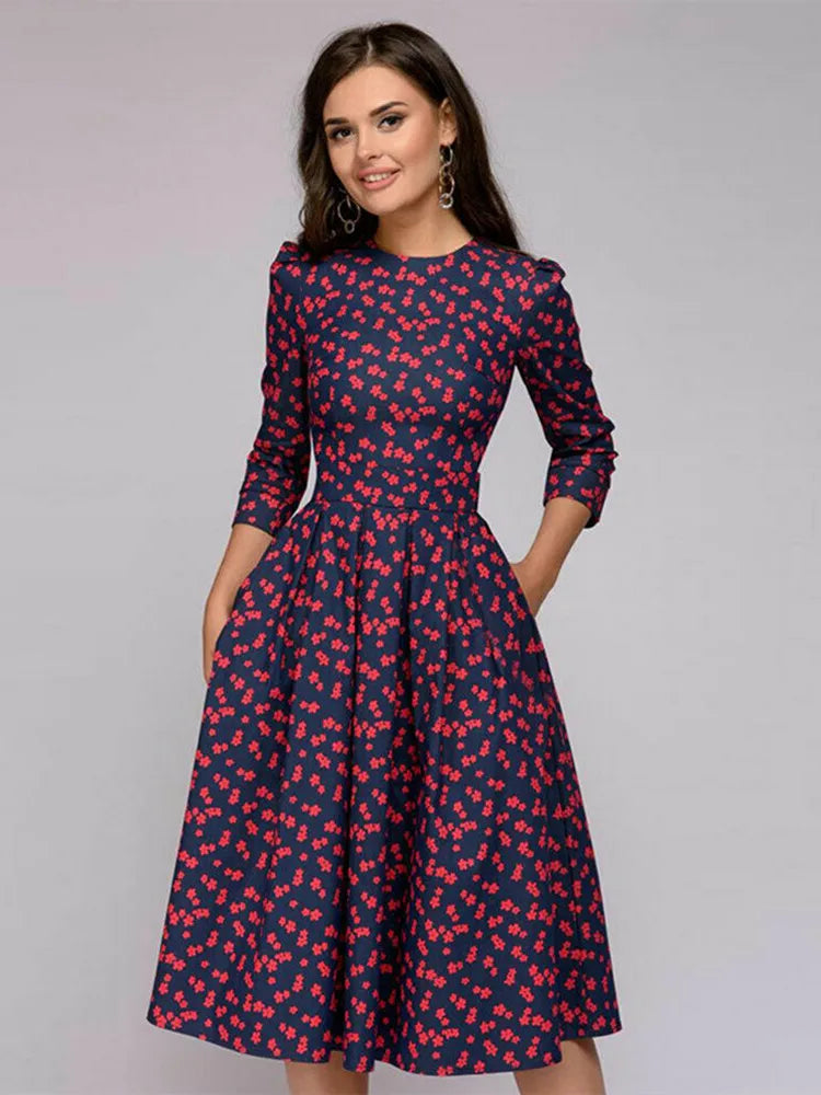 Vintage pleated tunic print dress women Elegant ladies A line dresses Long sleeve female autumn mixi party dress vestidos