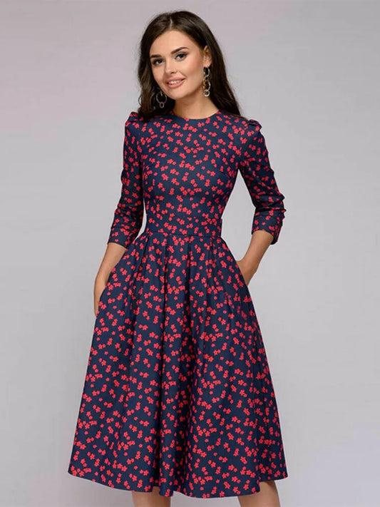 Vintage pleated tunic print dress women Elegant ladies A line dresses Long sleeve female autumn mixi party dress vestidos