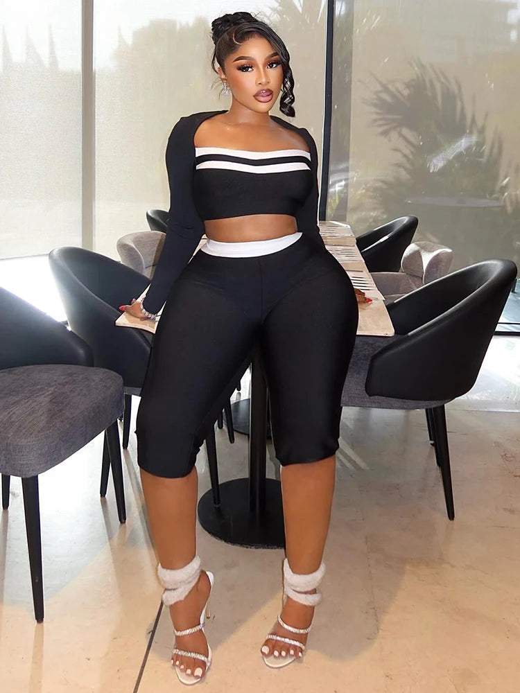 2 Piece Set Woman Contrast Patchwork Autumn Trend Low-Neck Full Sleeve Crop Tops+Skinny Peach Hip Long Pant Sexy Suit