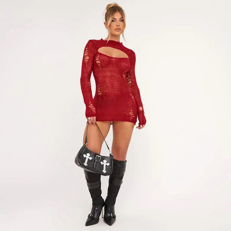 Distressed Sweater Dress Black Red Knitwears Sexy Hollow Out Long Sleeve Mini Dresses for Women Winter Outfit