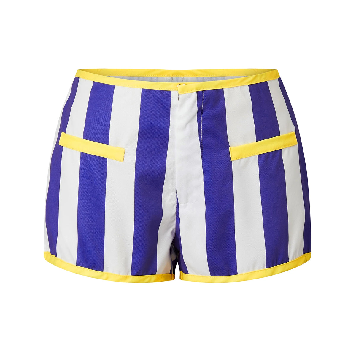 Retro Y2K Women Vertical Striped Low Rise Hot Pants Contrast Color Edge Fake Pockets Front Zip Slim Fit Mini Shorts