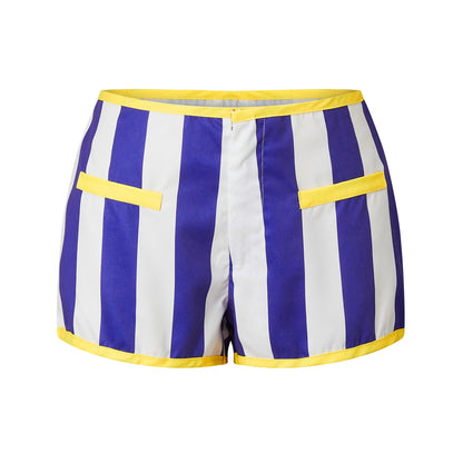 Retro Y2K Women Vertical Striped Low Rise Hot Pants Contrast Color Edge Fake Pockets Front Zip Slim Fit Mini Shorts