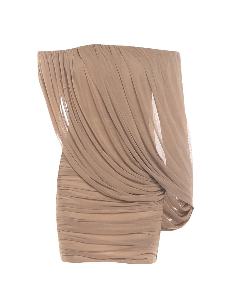 Folds Dress Women Off-Shoulder Mesh Irregular Solid Elasticity Elegant Dinner Party Summer Fashion Chic Mini Bodycon