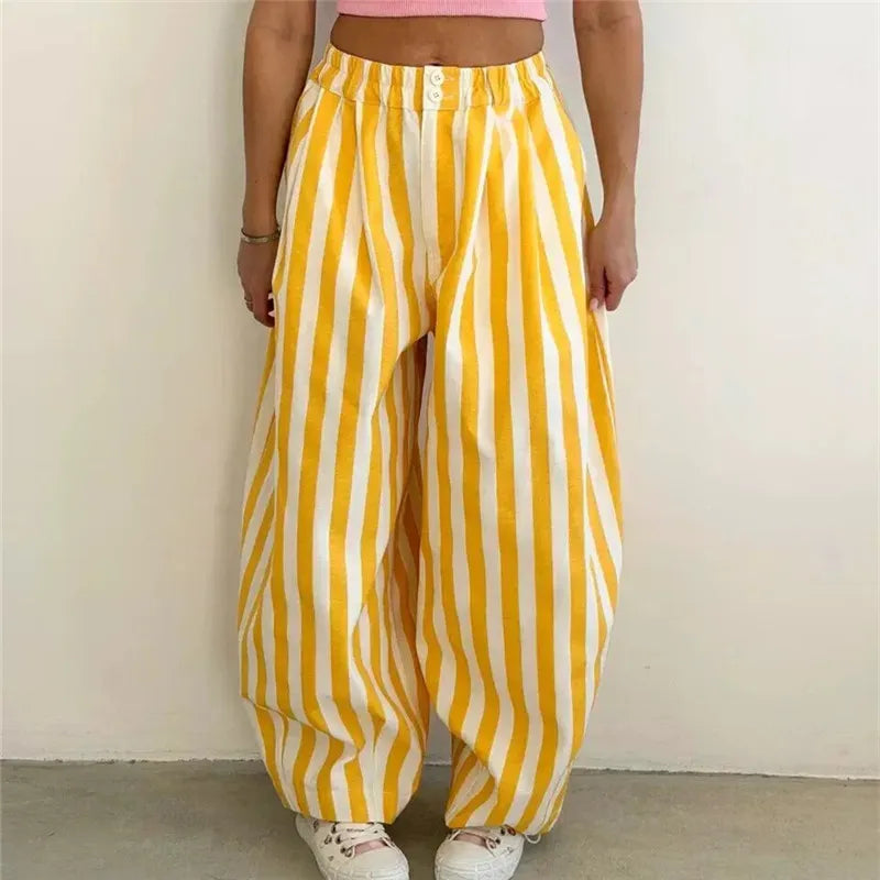 Women Vertical Striped Balloon Pants Elastic High Waist Double Button Loose Baggy Wide Leg Casual Trousers With Pockets